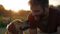 Heartwarming moment between bearded Caucasian man and golden retriever dog during sunset, sharing genuine connection and joy outdoors in warm evening light.