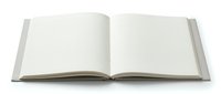 Open blank book with empty white pages spread flat showing clean paper ready for writing, reading or educational content creation.