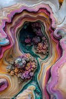 Abstract fluid art with swirling layers in pink, turquoise, and orange tones featuring organic crystalline formations and marbled patterns. Suitable for luxury interior design.