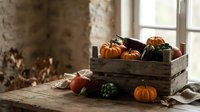 Rustic wooden crate filled with colorful autumn pumpkins and gourds on farmhouse table near window, perfect for seasonal harvest decorating and fall displays.