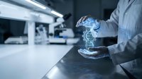 Scientist in white lab coat holding glowing DNA double helix hologram in modern laboratory for genetic research and biotechnology applications.