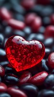 Red glass heart with bubbles inside resting on dark and red beans, creating romantic contrast for Valentine's Day designs.