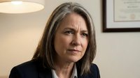 Middle-aged Caucasian businesswoman with gray hair in professional black suit looking concerned in modern office setting with warm lighting and certificates.