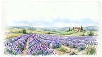 Watercolor lavender field landscape with a rustic farmhouse, rolling hills, and cypress trees under a soft sky.