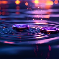 Glowing rings create ripples on dark water surface with purple and orange bokeh lights, magical atmosphere for fantasy and spiritual concepts.