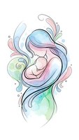 Watercolor mother holding baby in flowing artistic swirls with pastel colors on white background for maternal designs and nursery decor.