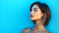 Young woman with short brown hair and highlighted strands in profile view against vibrant blue background, wearing turquoise top, dramatic makeup and red lips.