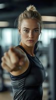 Young athletic woman with determined expression in black sportswear punching forward during workout at gym. Focused on fitness and strength training.