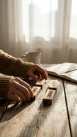 Woman in cozy sweater arranging wooden blocks with motivational words on rustic table by window with warm natural light and coffee cup.