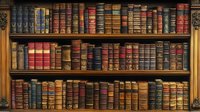 Vintage leather-bound books arranged on wooden library shelves showcase rich colors and ornate spines, creating nostalgic atmosphere of classical literature.