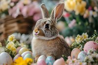 Adorable brown and white bunny surrounded by colorful Easter eggs and spring flowers, creating festive holiday atmosphere against soft blurred floral background.