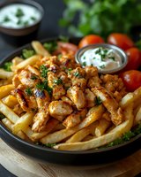 Crispy golden french fries topped with seasoned chicken pieces and fresh herbs, served with creamy dip sauce for delicious comfort food meal.