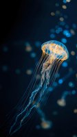 Translucent jellyfish floating gracefully in deep blue ocean water with glowing tentacles and bokeh light effects creating mystical underwater atmosphere.