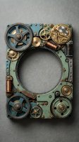 Steampunk mechanical frame with vintage gears, clockwork mechanisms and copper details on textured background for industrial design projects.