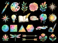 Artistic tools and floral design elements collection isolated on transparent background, ready for t-shirt designs, clipart, stickers, sublimation and print-on-demand projects.