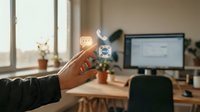 Hand holding glowing lightbulb with gear mechanism in modern office workspace representing innovation, creativity and business solutions for productivity.