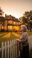 Senior Caucasian woman with gray curly hair standing by white picket fence at sunset, looking at illuminated Victorian house with warm golden light streaming through windows.