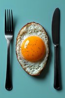 Sunny side up fried egg with crispy edges and black pepper served on turquoise background with classic fork and knife, minimalist breakfast composition.