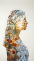 Double exposure silhouette of woman with seasonal nature elements showing spring flowers, autumn leaves and winter snowflakes in warm sunlight.