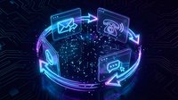 Digital communication network with glowing neon icons showing data transfer, messaging, and connectivity in futuristic cyber space environment.
