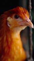 Close-up portrait of orange and red rooster head showing detailed feathers, beak, and eye against dark background, dramatic lighting enhances natural colors.