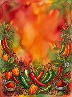 Watercolor illustration featuring vibrant red and green chili peppers, bell peppers, and spice bowls arranged at bottom with ornate botanical foliage against warm orange, red, and golden gradient background. Suitable for culinary designs, recipe cards, and food-related projects.