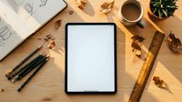 Blank tablet screen on wooden desk with coffee, pencils, ruler and autumn leaves for creative workspace mockup design projects.