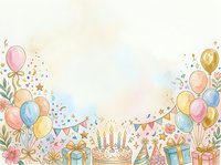 Watercolor celebration background with colorful balloons, birthday cake, gift boxes, confetti and bunting flags on white space, suitable for party invitations, greeting cards and festive designs.