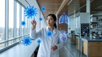 Female Asian medical researcher in white lab coat analyzing virus particles and lung anatomy in modern laboratory setting for healthcare research.