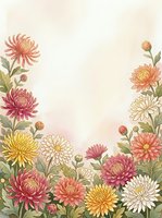 Vintage chrysanthemum flowers frame border with copy space on textured beige background for autumn greeting cards and seasonal designs.