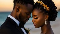 Elegant African American couple in formal attire sharing intimate moment at sunset beach wedding ceremony with golden crown and jewelry accessories.
