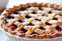 Fresh baked lattice pie with mixed berries and golden brown woven crust, close up view showing flaky pastry texture and juicy fruit filling.