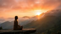 Young woman meditating in lotus position on mountain cliff during golden sunrise with misty peaks and dramatic orange sky for wellness and mindfulness content.