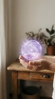 Hands holding glowing purple holographic globe with constellation patterns in cozy home interior with plants and wooden furniture for digital concepts.