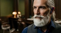 Senior man with long white hair and full beard wearing dark blue shirt in warm indoor setting with blurred background lighting.