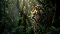 Majestic tiger with piercing blue eyes emerges from dense jungle foliage, sunlight filtering through trees creating dramatic natural lighting in wild habitat.