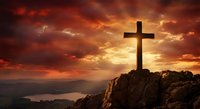 Christian cross silhouette on mountain peak against dramatic sunset sky with orange and red clouds over valley landscape for spiritual worship concepts.