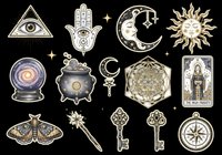 Mystical celestial and occult symbols collection isolated on transparent background, ready for t-shirt design, stickers, clipart, sublimation and print-on-demand projects.