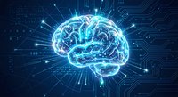 Digital brain with glowing neural networks and circuit board patterns on dark blue background for artificial intelligence and technology concepts.
