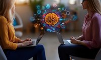 Two women working on laptops with digital brain hologram and tech icons floating between them, representing artificial intelligence and digital collaboration.