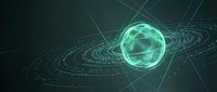Futuristic green glowing sphere with orbital rings and light beams on dark background for technology and science fiction designs.