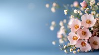 Delicate pink cherry blossoms and white baby's breath flowers against soft blue background, creating romantic spring atmosphere for wedding and celebration designs.