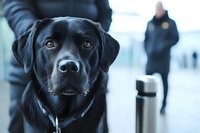 Close up portrait of black labrador retriever with soulful eyes outdoors in winter setting, with blurred person and thermos in background, moody blue tones.