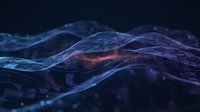 Abstract digital waves with glowing particles flowing across dark background, representing data streams, technology, and network connectivity for modern digital design projects.