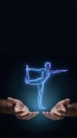 Glowing blue energy figure performing yoga pose floating above protective cupped hands on dark background for wellness and spiritual concepts.