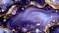 Luxurious purple and gold abstract marble texture with glitter particles and flowing waves creates magical cosmic atmosphere for luxury design backgrounds.