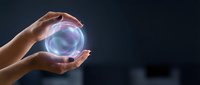 Young adult hands holding glowing energy sphere with blue and purple light, representing future technology, innovation, and digital transformation concepts for business and science applications.