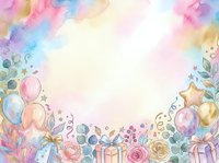Watercolor birthday party frame with balloons, flowers, gift boxes and confetti on pastel rainbow background for celebration invitations and greeting cards.