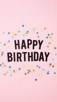 Happy Birthday text with colorful confetti dots on a pink background, great for greeting cards, social media posts, and party invitations.