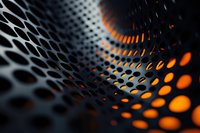 Abstract metallic perforated surface with glowing orange light shining through holes creating dynamic pattern and depth effect. Modern industrial background.